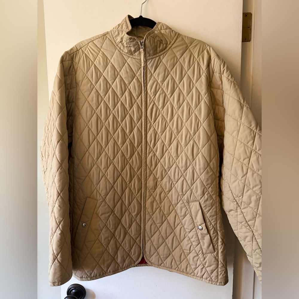Classic Capsule Wardrobe Lands' End Quilted Beige Barn Coat with Red Lining